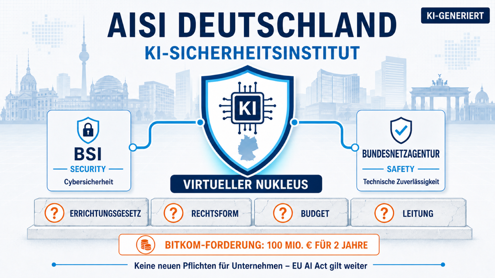Infografik zum AISI Deutschland, dem neuen KI-Sicherheitsinstitut in Berlin aus BSI und Bundesnetzagentur, das ohne Errichtungsgesetz, Rechtsform und Budget startet